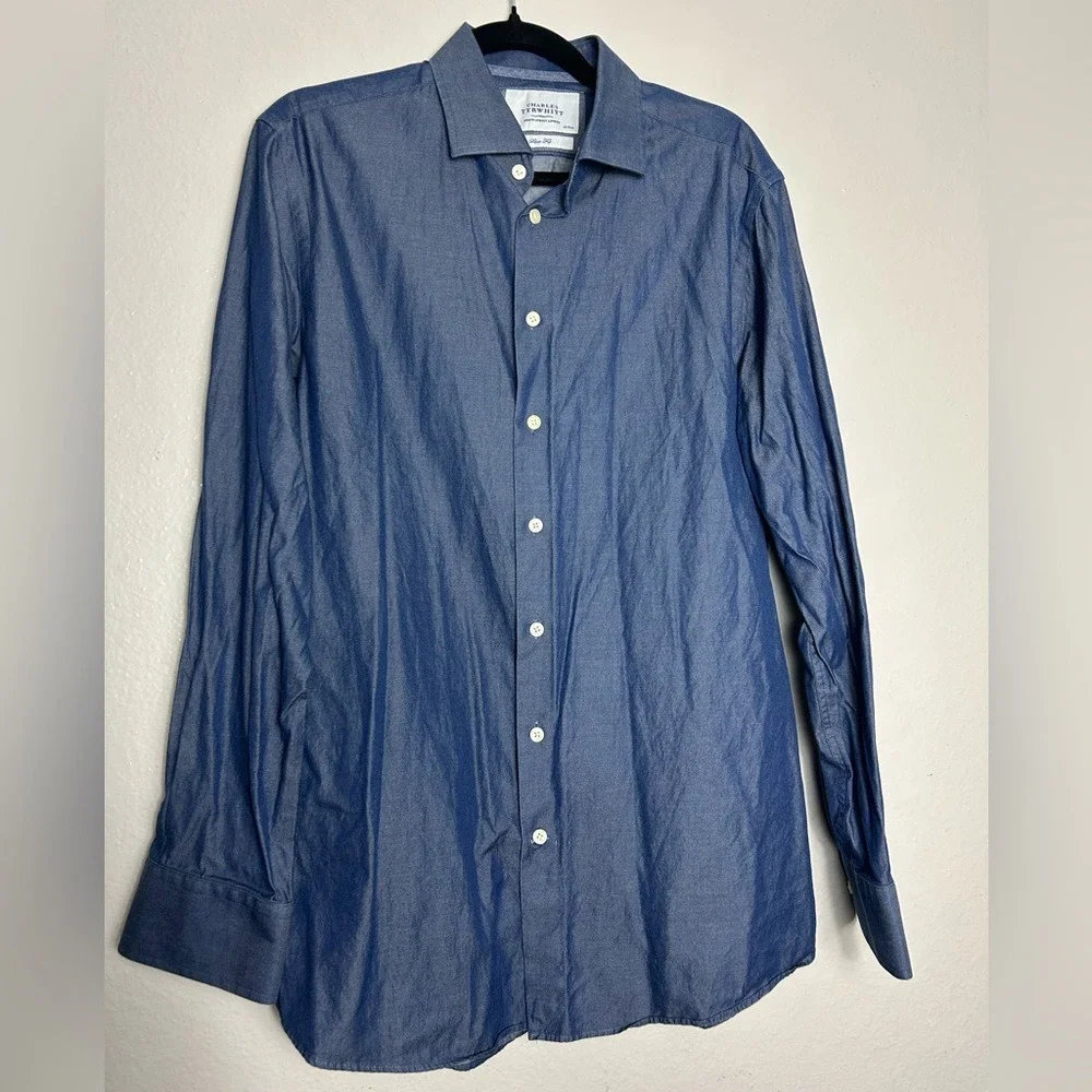 Charles Tyrwhitt Mens Slim Fit Blue Cotton Chambray Dress Shirt 16.5 36